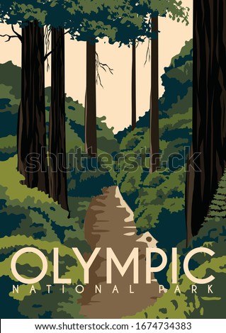 Olympic National Park Vector Illustration Background. Travel to State of Washington, on the Olympic Peninsula United States. Flat Cartoon Vector Illustration in Colored Style. ストックフォト © 