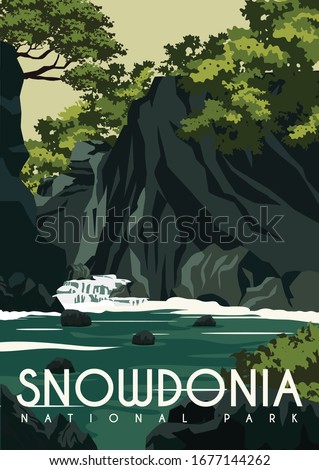 Wales Vector Illustration Background. Travel to Snowdonia National Park Northwestern Wales. Flat Cartoon Vector Illustration in Colored Style.