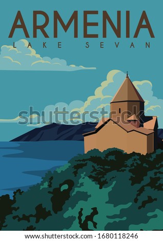 Lake Sevan Armenia Vector Illustration Background. Travel to Lake Sevan Gegharkunik Province, Armenia. Flat Cartoon Vector Illustration in Colored Style.