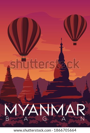 Myanmar Vector Illustration Background. Travel to Bagan Myanmar. Flat Cartoon Vector Illustration in Colored Style.