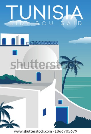 Tunisia Vector Illustration Background. Travel to Sidi Bou Said tunisia. Flat Cartoon Vector Illustration in Colored Style.