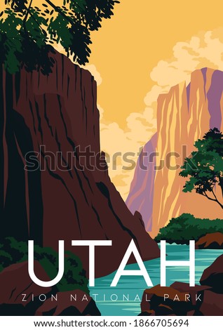 Utah Vector Illustration Background. Travel to Zion National Park Utah. Flat Cartoon Vector Illustration in Colored Style.