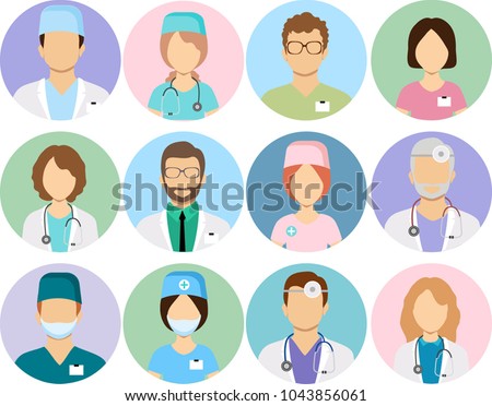 Doctors and nurses profile vector icons. Surgeon and therapist, oculist and nutritionist avatars