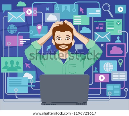 Man under pressure overwhelmed by information. A man sits in front of a laptop and is overloaded with a lot of information. Information overload concept. Vector.