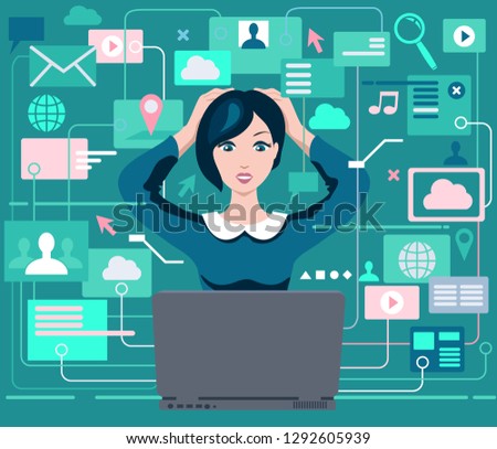 
Woman under pressure overwhelmed by information. A woman sits in front of a laptop and is overloaded with a lot of information. Information overload concept. Vector.