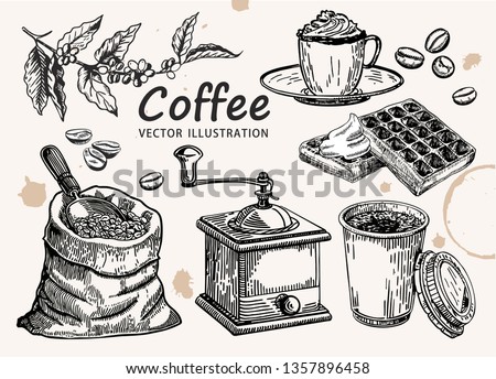 Hand drawn coffee set. Coffee sketch.