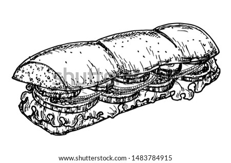 Hand drawn sketch steak sub sandwich. Long ciabatta sandwich with ham slices, cheese, tomatoes and lettuce leaves. Sketch style. Fast food drawing for restaurant menus, street food packages. 