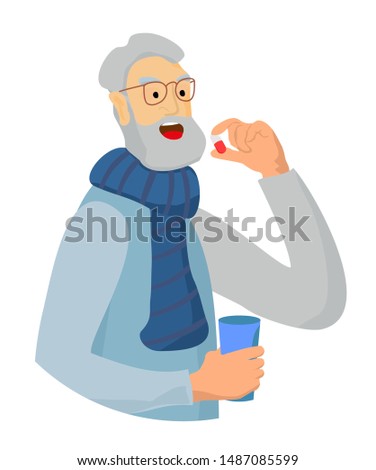 Old man eating pill for health. Disease treatment. Drug and vitamin, care for person. Vector illustration