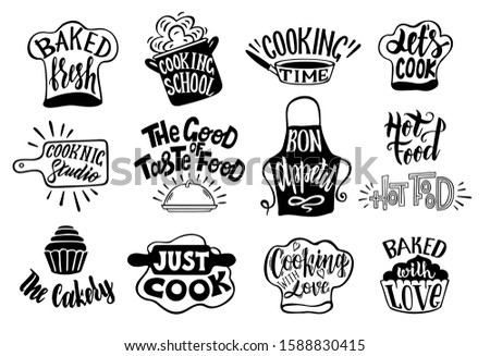 Collection of lettering written with cursive font and decorated with cookware, kitchen utensils isolated on white background. Bundle of cooking classes or school logos. Vector illustration.