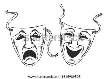 Sketch style drama or theater masks illustration in vector format suitable for web, print, or advertising use.Two ancient traditional greek game human masks costume isolated on white background. 