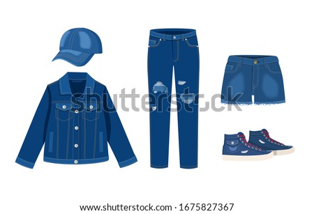 Jeans clothing collection. Denim cap, jacket, shorts and sneakers.  Trendy fashion ripped denim casual clothes vector illustration, jeans outfit garments models isolated on white background