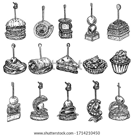 Finger food sketch. Tapas vector drawings illustration.
Tapas and canapes sketch set. Food appetizer and snack sketch. Canapes, bruschetta, sandwich drawing for buffet, restaurant, catering service.