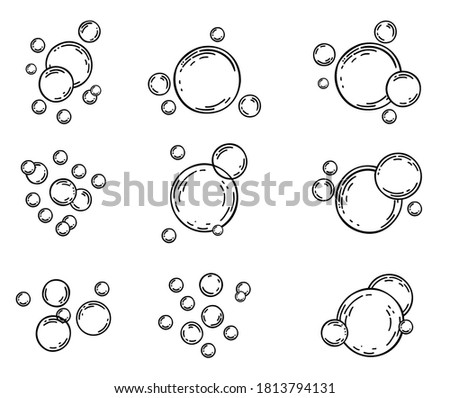 Soap bubbles on white background. Bubbles sketch line icons set. Soap foam, fizzy drink, oxygen bubble pictogram, effervescent effect vector illustrations, outline signs. Fizzing air bubbles stream. 