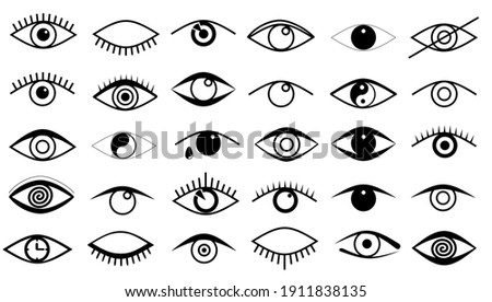 Eyes and eye icon set vector collection. Outline eye icons. Open and closed eyes images, sleeping eye shapes with eyelash, vector supervision and searching signs. Human vision. Set of eye flat style.