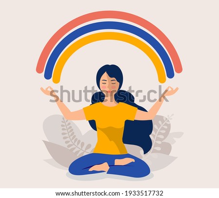 Happy woman sits in lotus pose and meditating. She opened her arms to the rainbow. Girl creates good vibe around her. Smiling female character. Body positive and health care. Meditation concept