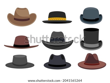 Illustration Featuring Different Types of Men's Hats. Different male hats. Fashion and vintage man hat collection image, derby and bowler, cowboy and peaked cap