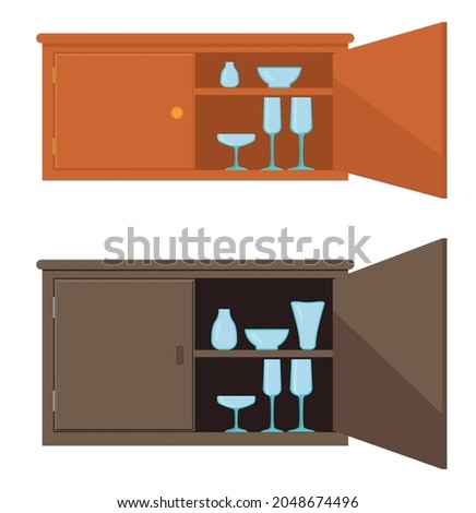 Cupboard set vector illustration. Wardrobe with a slightly open door and dishes on the shelves