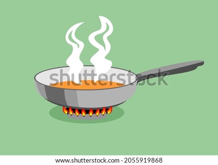 Cooking in home pan. Cartoon steel cooking pots with cooking food, concept of home dinner on stove, flaming gas burner heats kitchen 