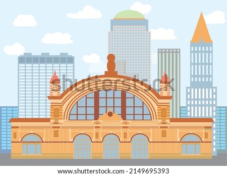 Frankfurt, Germany. The facade of the Frankfurt Hauptbahnhof railway station building. Germany architecture buildings and travel landmarks of Frankfurt. Vector flat illustration.