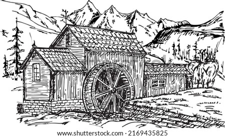 Old water mill sketch. Hand drawn old rustic mills. Vintage illustration. River and mountains landscape hand drawing