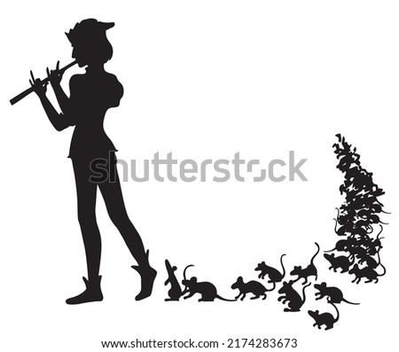 Pied Piper of Hamelin. Vector Illustration. Silhouette. White Background Isolated. A man plays a pipe and takes the rats out of town. Legend of the Hamelin Pied Piper. An ink drawing.