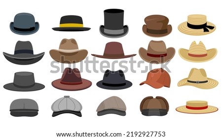 Different male hats. Fashion and vintage man hat collection image, derby and bowler, cowboy and peaked cap, straw hats and gentlemen cap set isolated. Flat design style. Vector cartoon illustration