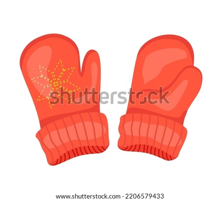 Red mittens. Knitted mittens flat style clip art. Snowflakes on mittens. Isolated on white background vector illustration
