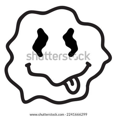 Black and white drawn emoticon smile with tongue sticking out on the side. Cartoon wow face. Funny facial expression with goggle eyes. Glad character, positive feelings isolated on white background