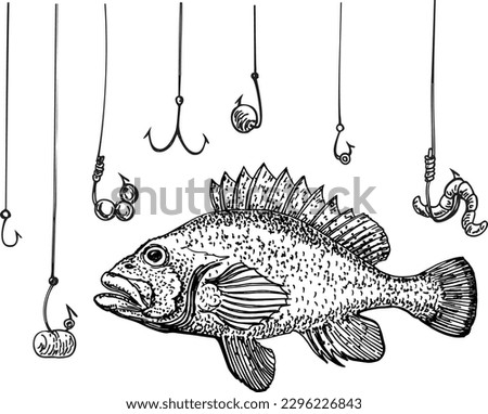 Fish and a lot of fish hooks. Hand drawn fishing symbol. Fishing concept. The metaphor that the fish is in danger among the many hooks. Sketch