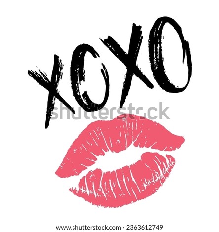 XOXO hand written phrase and lipstick kiss isolated on white background. Phrases Xo Xo. Phrase for Valentine's Day. Ink vector illustration. Modern calligraphy brush. Hugs and kisses sign