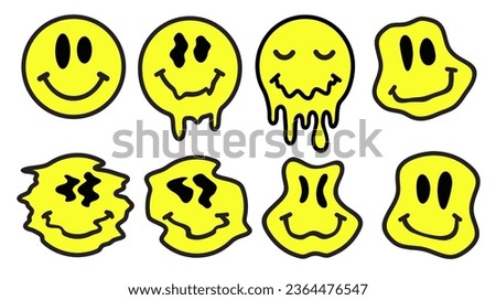 Smiling melting faces set. Cartoon 90s character illustration.Isolated on white background.Smile smiley faces melt, acid, trippy, psychedelic print for t-shirt, poster, stickers concept. Vector