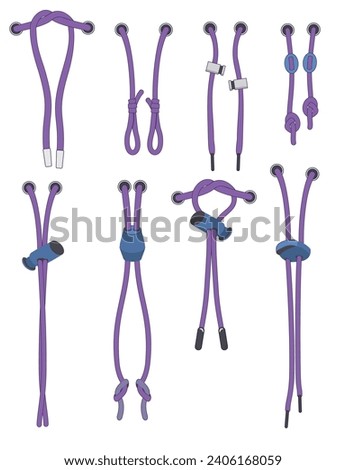 Drawstring cord stopper set. For waist band, bags, shoes, jackets, shorts, pants, drawcord aglets for clothing, accessories. Plastic Drawcord lock end toggle to pulled, tighten. Vector