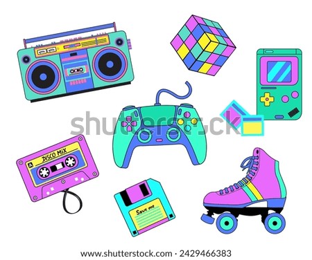 80s-90s style. Art style elements set with disco equipment and retro objects in colorful vintage style. Boombox, game joystick, roller skates, diskette, game console. Nostalgia sticker pack.Vector 