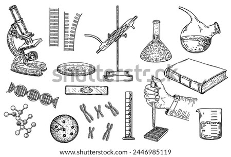 Science laboratory and research experiment sketch icons. Vector genetics DNA molecule. Pharmaceutical flasks, beakers and test tubes. Chemical laboratory still life sketch style. Old hand engraving 