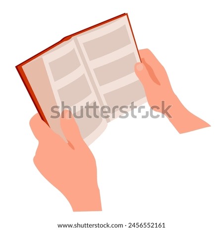 Book in hands. Back to school, education, literacy day. Book club member. Poetry lover. Time to reading.  Culture festival, library day and knowledge concept. Vector illustrations isolated in white ba