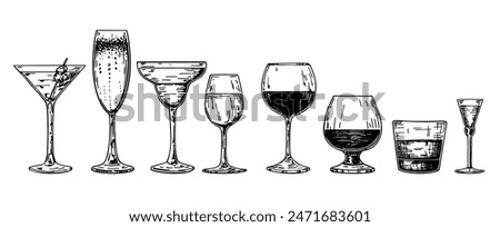 Set of glass goblets in ink hand drawing. Isolated on white. Glasses with white and red wine, glasses for cocktails, cognac, whiskey, vodka on the white background. Vector illustration.