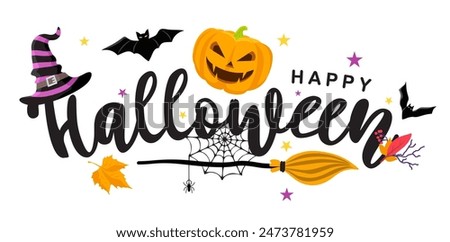 Happy Halloween Text Banner. Happy Halloween decorative lettering with bats, spider, spider web and witch hat . Vector illustration isolated on white background.