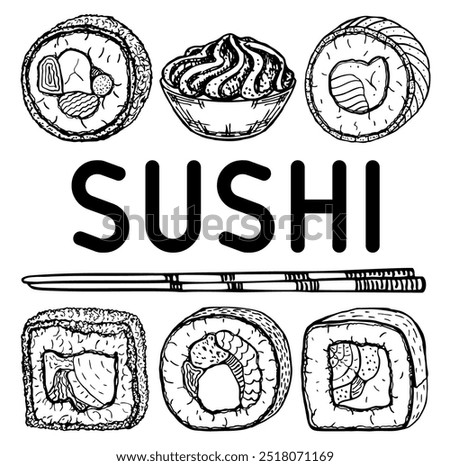 Sushi bar. Vector hand drawn Japanese food sketch Illustration. Sushi, wasabi and sushi sticks. Retro style. Vintage Illustration