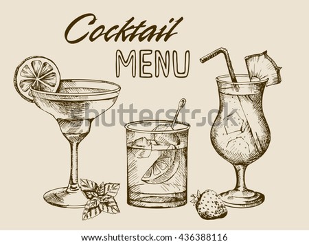 Cocktail menu design background. Vector hand drawn set of cocktails and alcohol drinks. Cocktail party. Sketch.