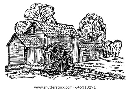 Old water mill sketch. Hand drawn old rustic mills. Vintage  illustration.