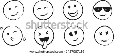 Set of Hand drawn sketch style. Emoji with different emotion mood, happy, sad, smile face icon collection. Vector Illustration.