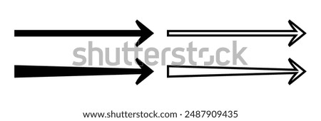 Set of Black long straight arrow icon collection. Horizontal thin right basic pointer arrow symbol. Vector Illustration.