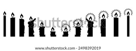 Set of Black linear candle silhouettes for religion commemorative and party icon. Candles flaming flat symbol collection. Candle icon. Vector Illustration.