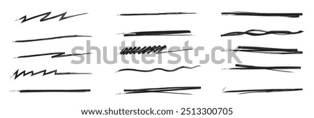 Set of brush crayon highlight underline symbol collection. Handwritten through drawn strikethrough emphasis squiggle swoosh underline vector illustration.