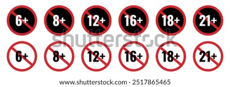 Set of Age limit icon collection. Age restrictions from six to twenty one symbol. Vector Illustration.