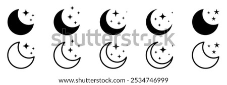 Set of crescent moon icon collection with sparkle stars. Half moon stars. night or dark mode symbol. Vector Illustration.