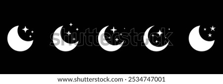 Set of crescent moon icon collection with sparkle stars. Half moon stars. night or dark mode symbol. Vector Illustration.