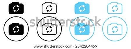 Set of Photo camera icon collection. Rotate camera, Flip camera, rotation circular camera symbol. Vector Illustration.