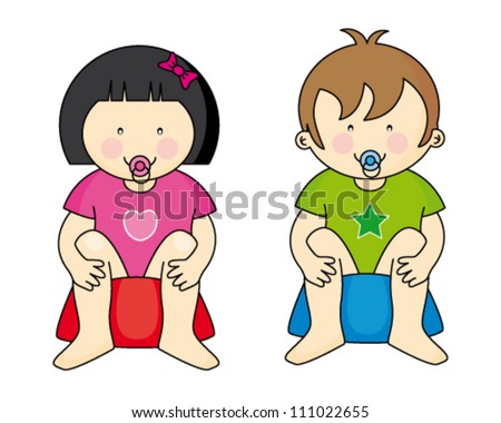 Baby Boy And Girl Sitting On The Potty. Learning To Pee Stock Vector ...