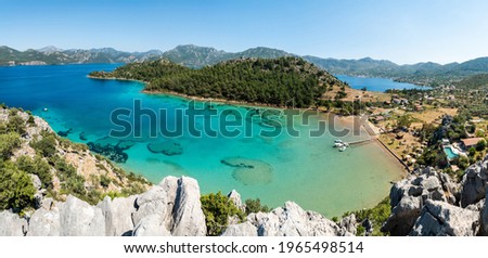 Sig Limani harbor and beach in Selimiye village near Marmaris resort town in Mugla province of Turkey. Imagine de stoc © 